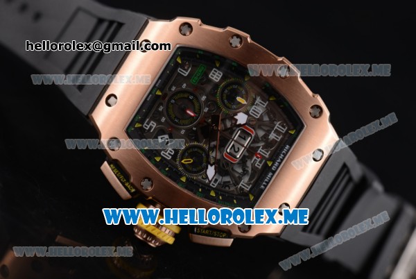 Richard Mille RM 011 Felipe Massa Flyback Swiss Valjoux 7750 Automatic Rose Gold Case with Skeleton Dial and Black Rubber Strap Arabic Numeral Markers - Click Image to Close